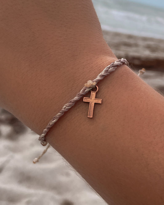 Neutral Warm Gold Cross - Adjustable Wax Coated String Bracelet with Charm