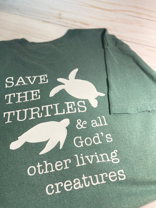 SAVE THE TURTLES & All God's Other Living Creatures - Classic-Fit Adult Size UNISEX T-Shirt Ocean Sea Turtle