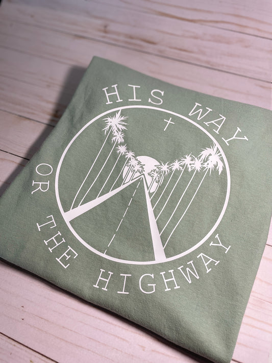 HIS WAY or the HIGHWAY - Classic-Fit Adult Size UNISEX T-Shirt Palm Trees Ocean Sea Cross Sunshine Light